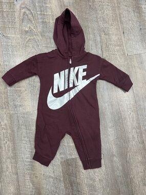 Nike Burgundy Hooded Baby One-Piece with Logo